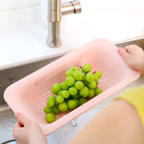 Blue Ginkgo pink colander stays rust-free and dishwasher safe