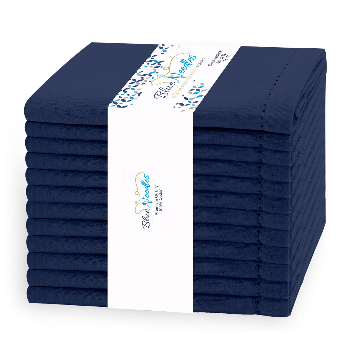 Blue Needles navy blue napkin with hemstitch border for elegant table settings.