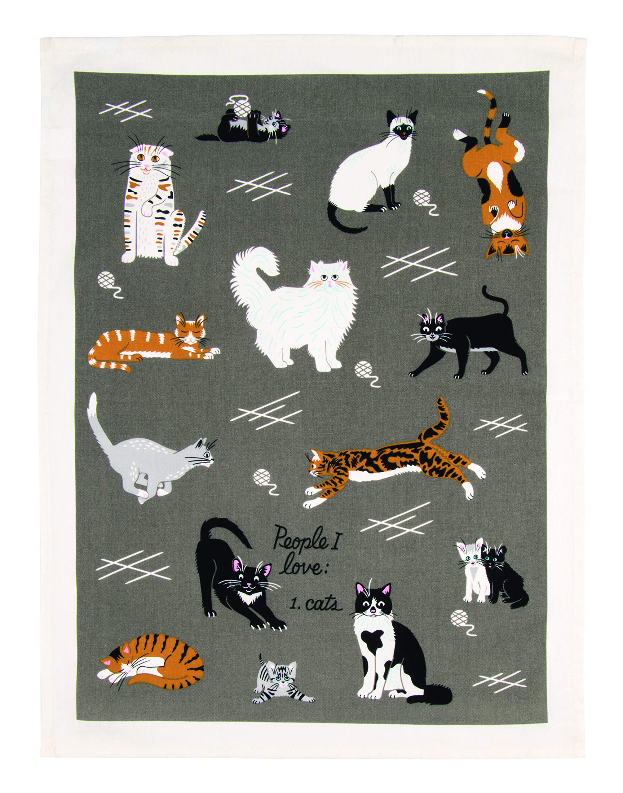 Blue Q cat-design dish towel made of 100% cotton for soft, durable drying.