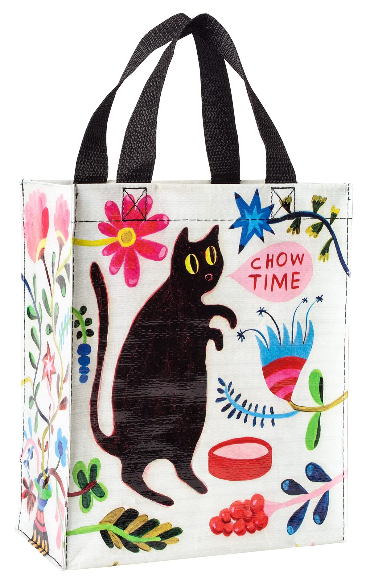 Blue Q Handy Tote front view with Kitty Says It's Chow Time for lunch trips