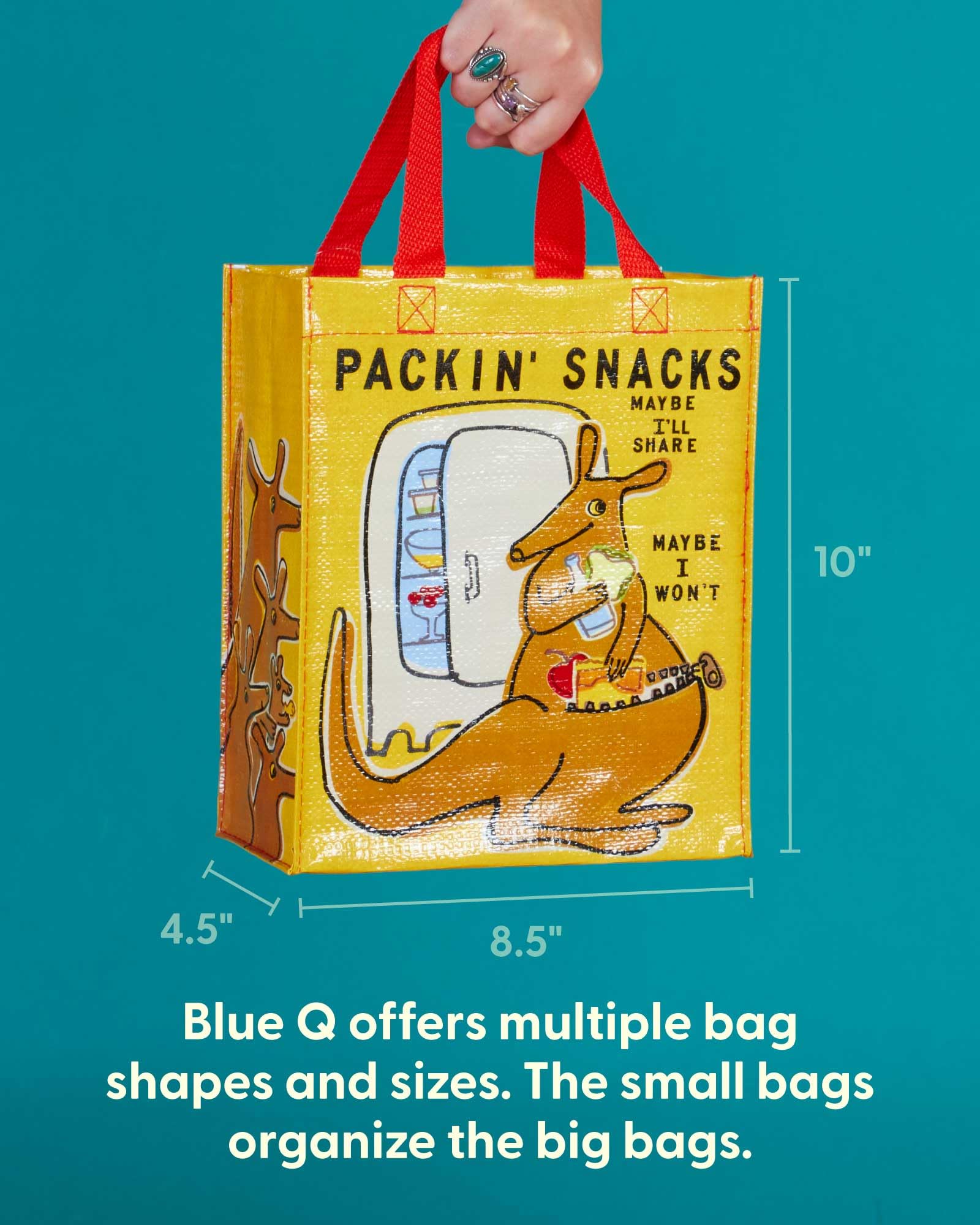 Packin' Snacks design on Blue Q Handy Tote with witty art