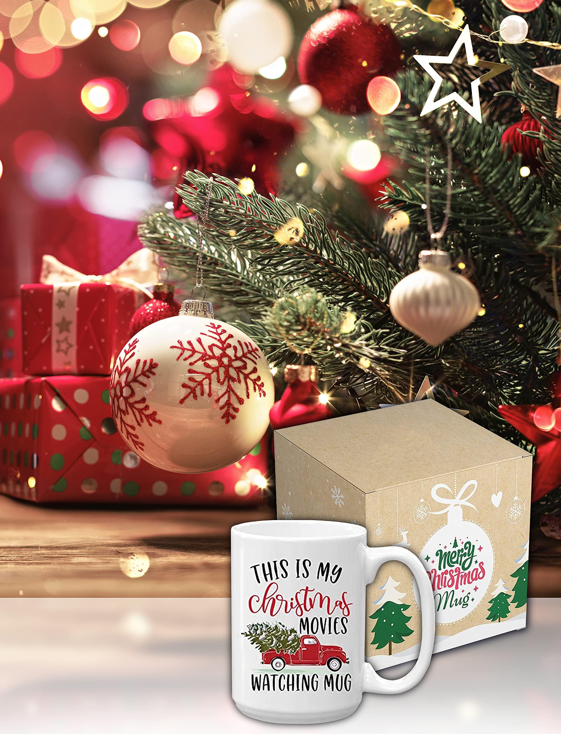 BLUE RIBBON movie night mug with eggnog scene for winter coziness