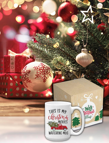 BLUE RIBBON movie night mug with eggnog scene for winter coziness