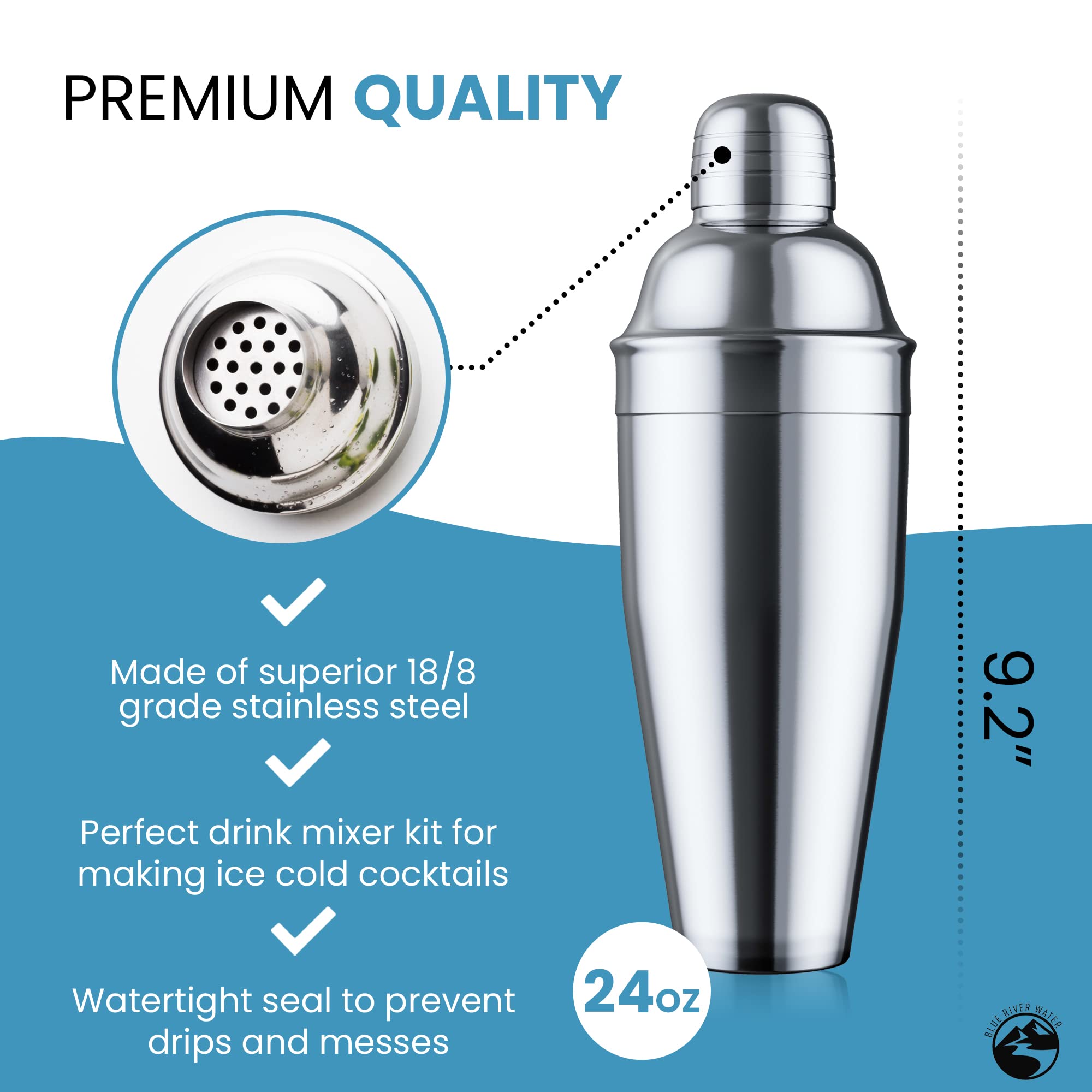 Blue River Water double-sided jigger with 1.0/0.5 oz measures.