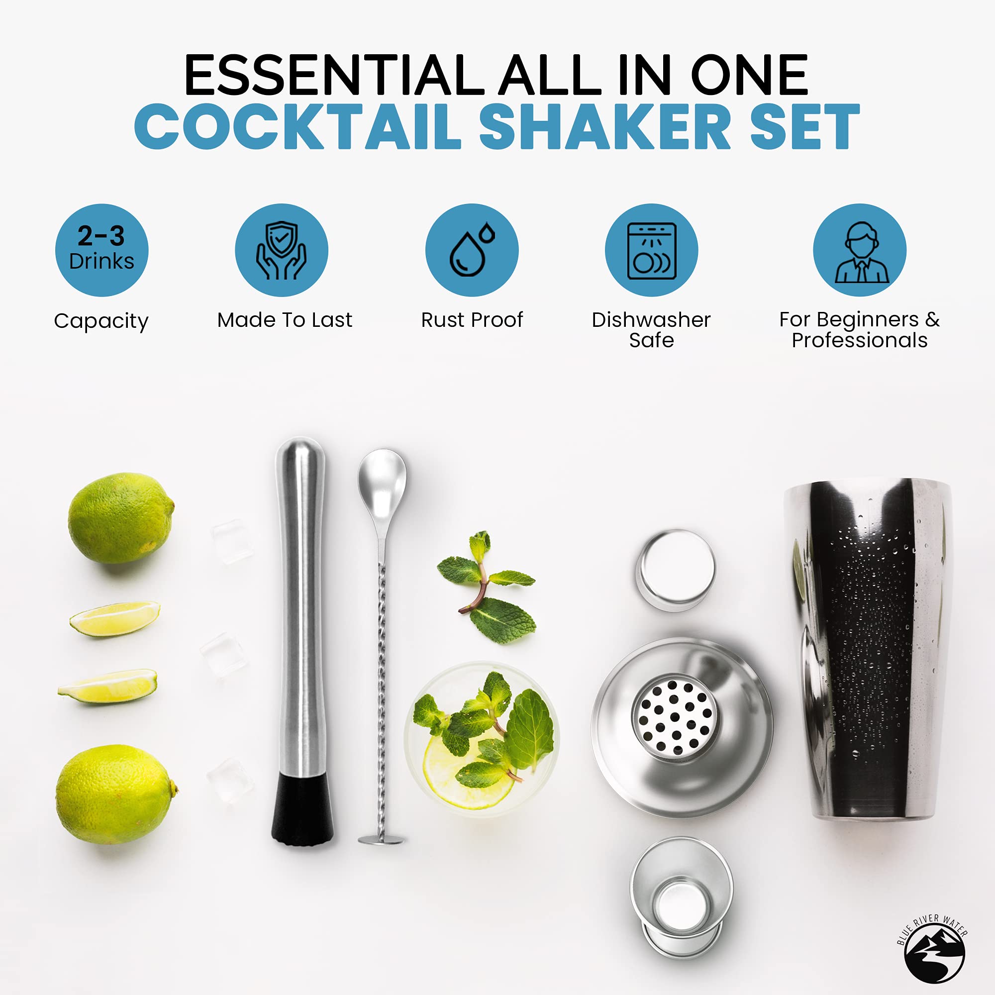 Blue River Water twisted mixing spoon for even chilling and blending.