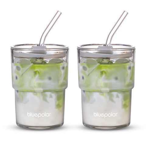 BLUEPOLAR 13oz glass tumbler with straw and lid for on-the-go hydration, iced drinks.