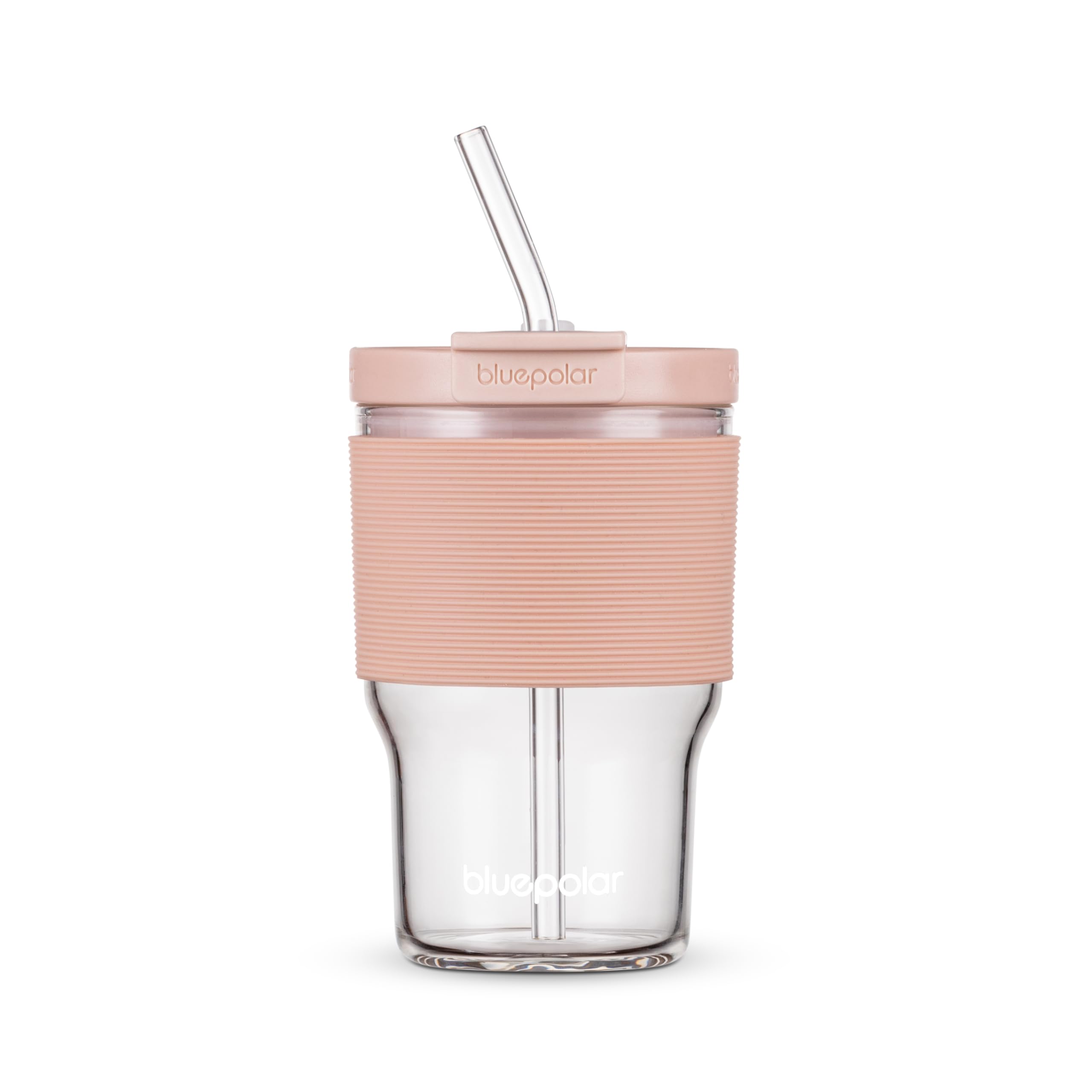BluePOLAR glass juice bottle with pink sleeve, lid and straw for refreshing cold beverages.