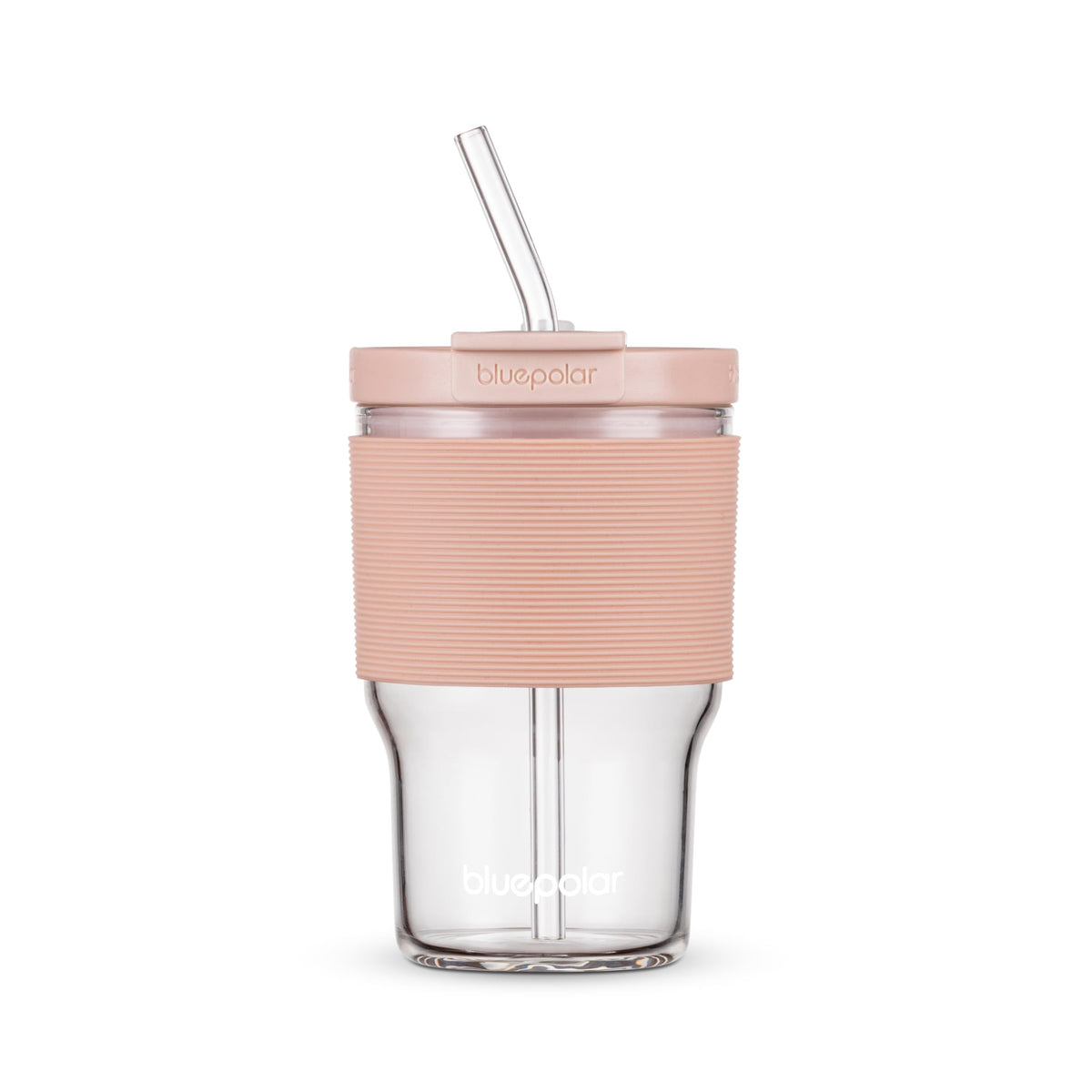 BluePOLAR glass juice bottle with pink sleeve, lid and straw for refreshing cold beverages.