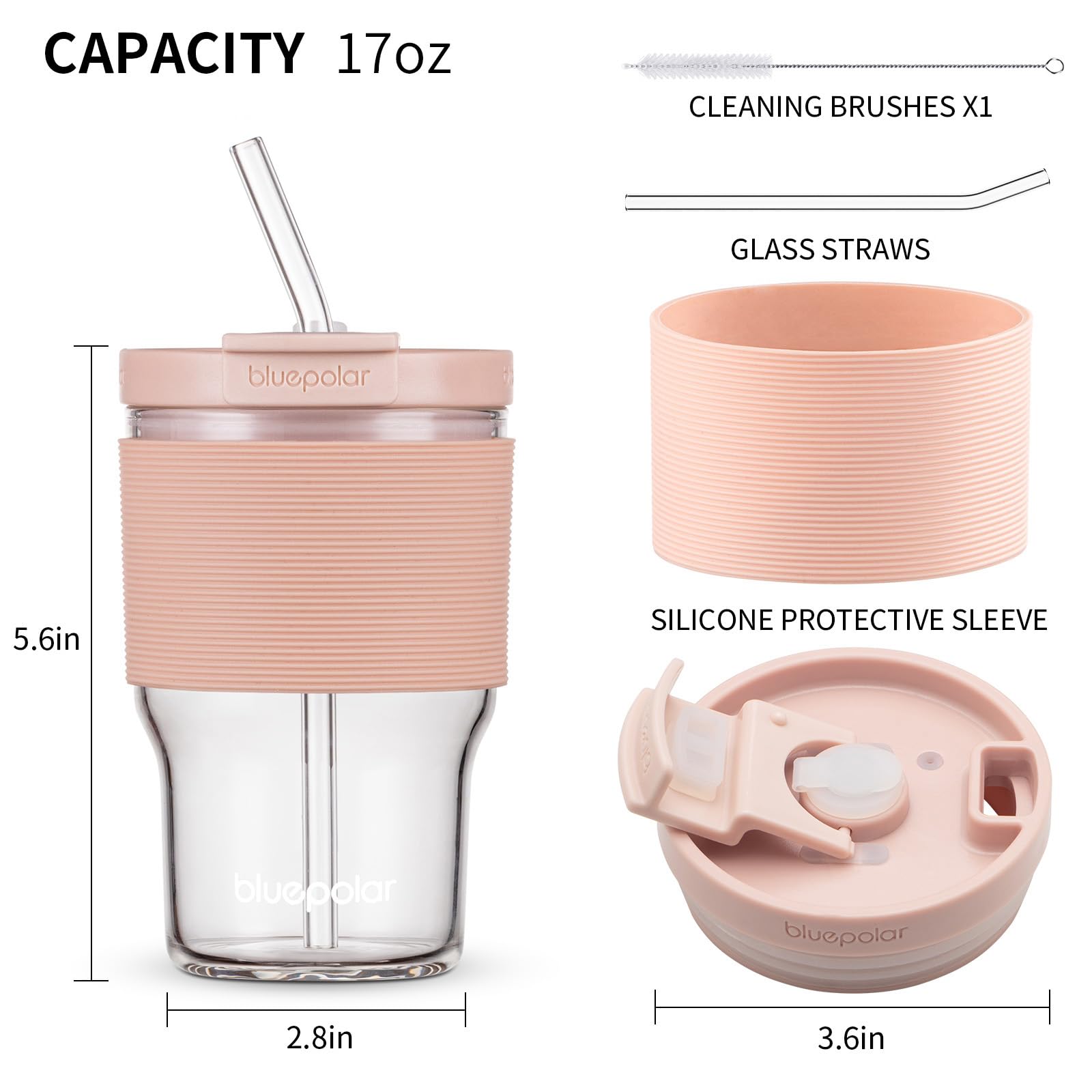 BluePOLAR 16oz glass tumbler with lid and straw for iced coffee.