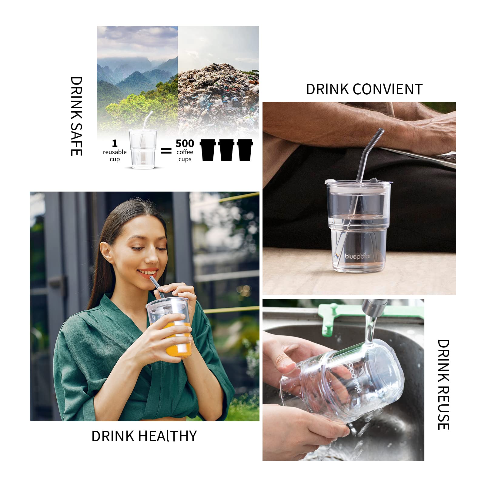 BLUEPOLAR BPA/BPS-free glass supports clean sipping and beverage freedom.