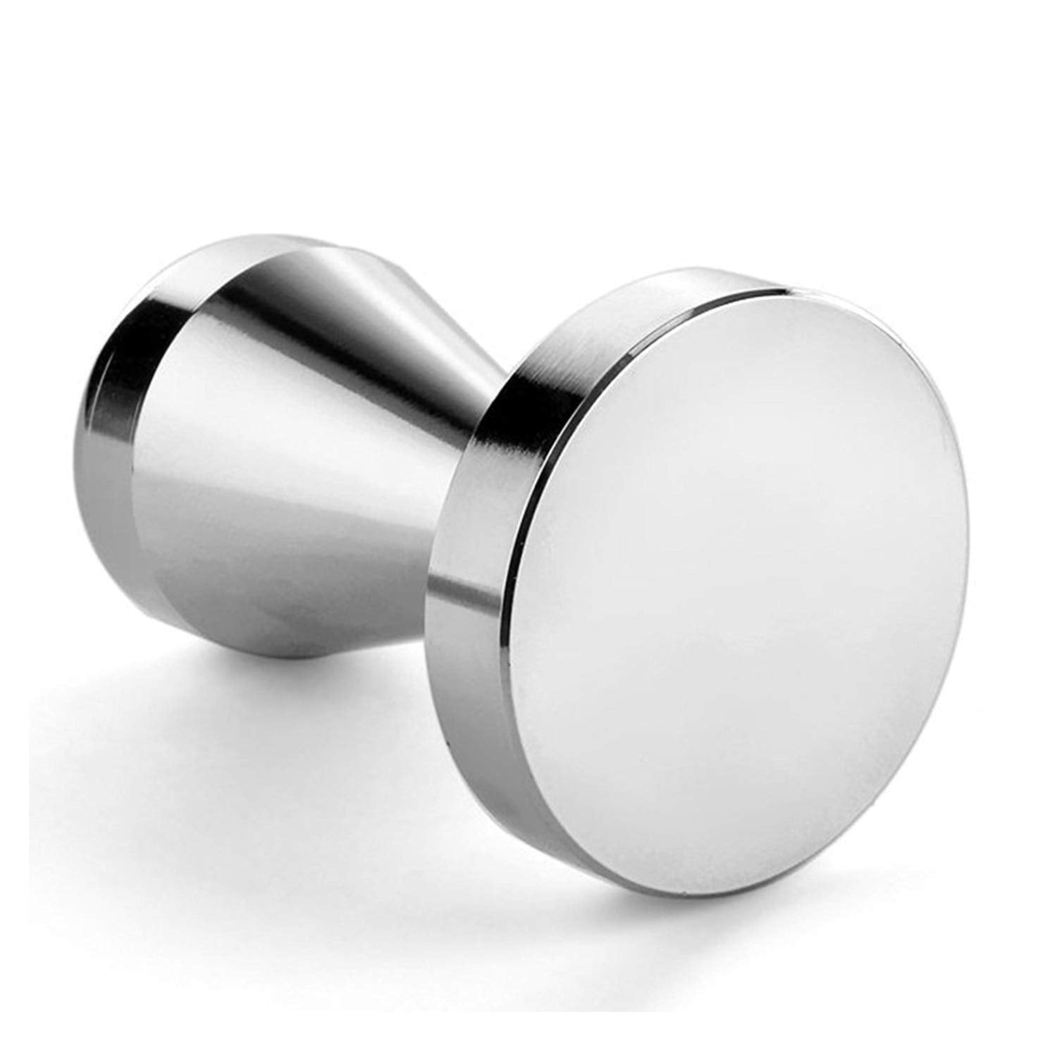 BlueSnail stainless steel tamper, side view, ergonomic handle for steady tamping
