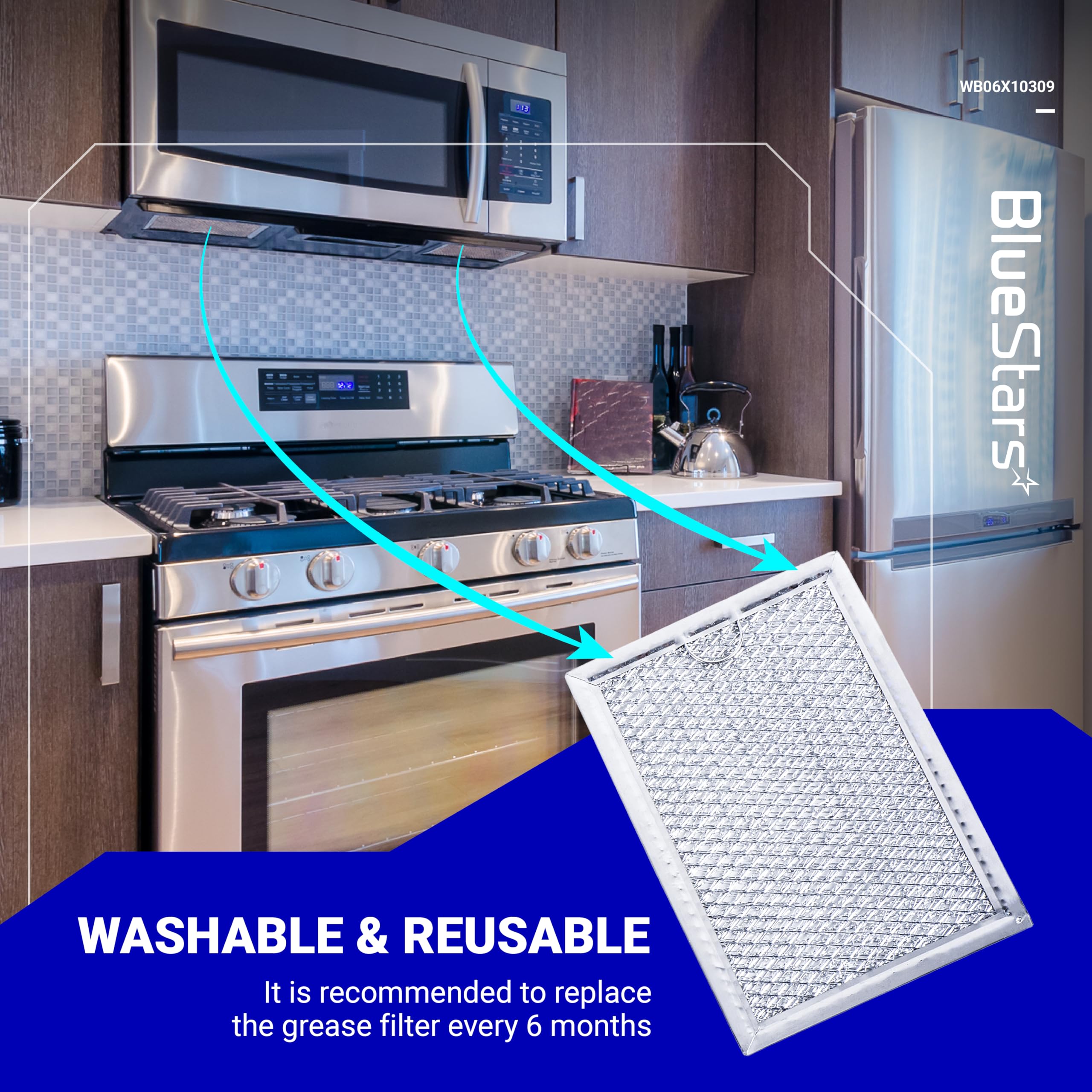 BlueStars ME17R7021ES grease filter closeup emphasizing sturdy material for long-lasting use