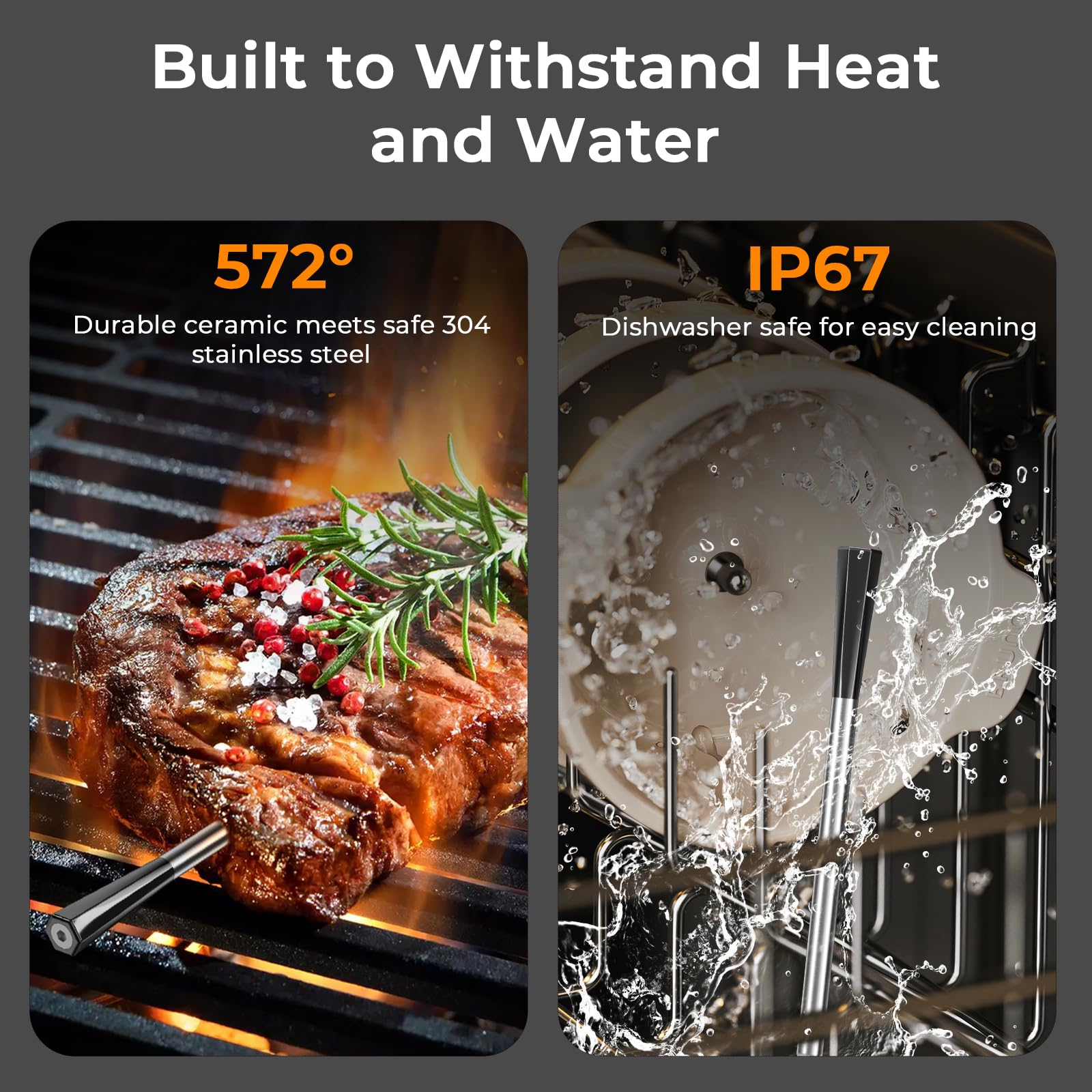 BlueSwan dual-sensor system reads internal meat temp and ambient heat for juicier results.