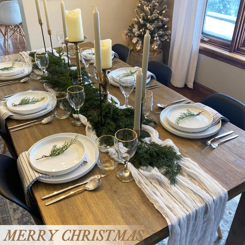 BLUETOP table runner styled with napkins and centerpieces
