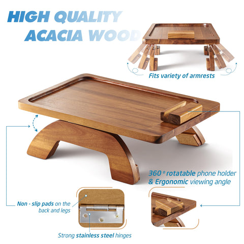 BLUEWEST armrest tray with 360° rotating phone holder for easy access during TV viewing