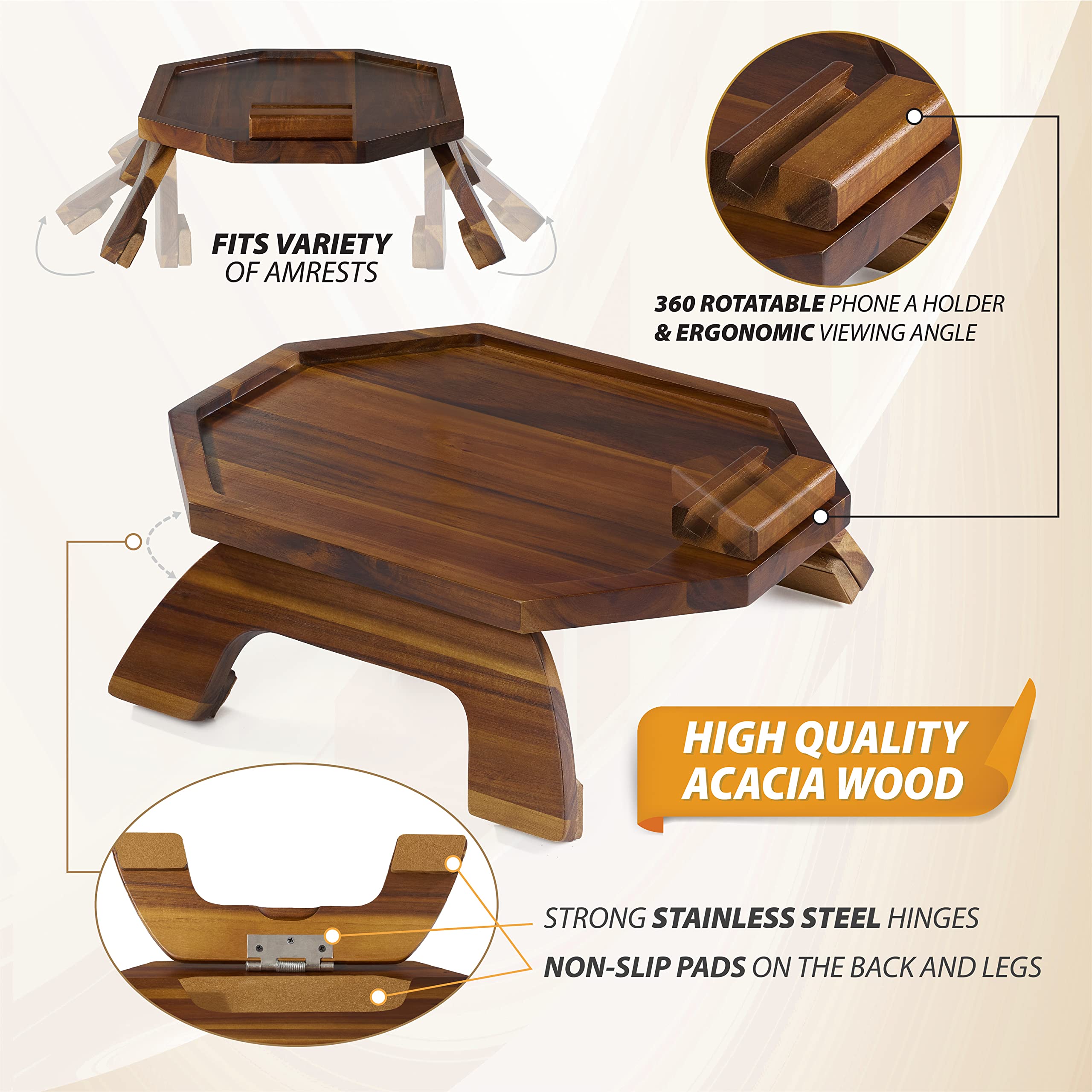 BLUEWEST armrest tray clip-on with adjustable clamp stays securely in place.