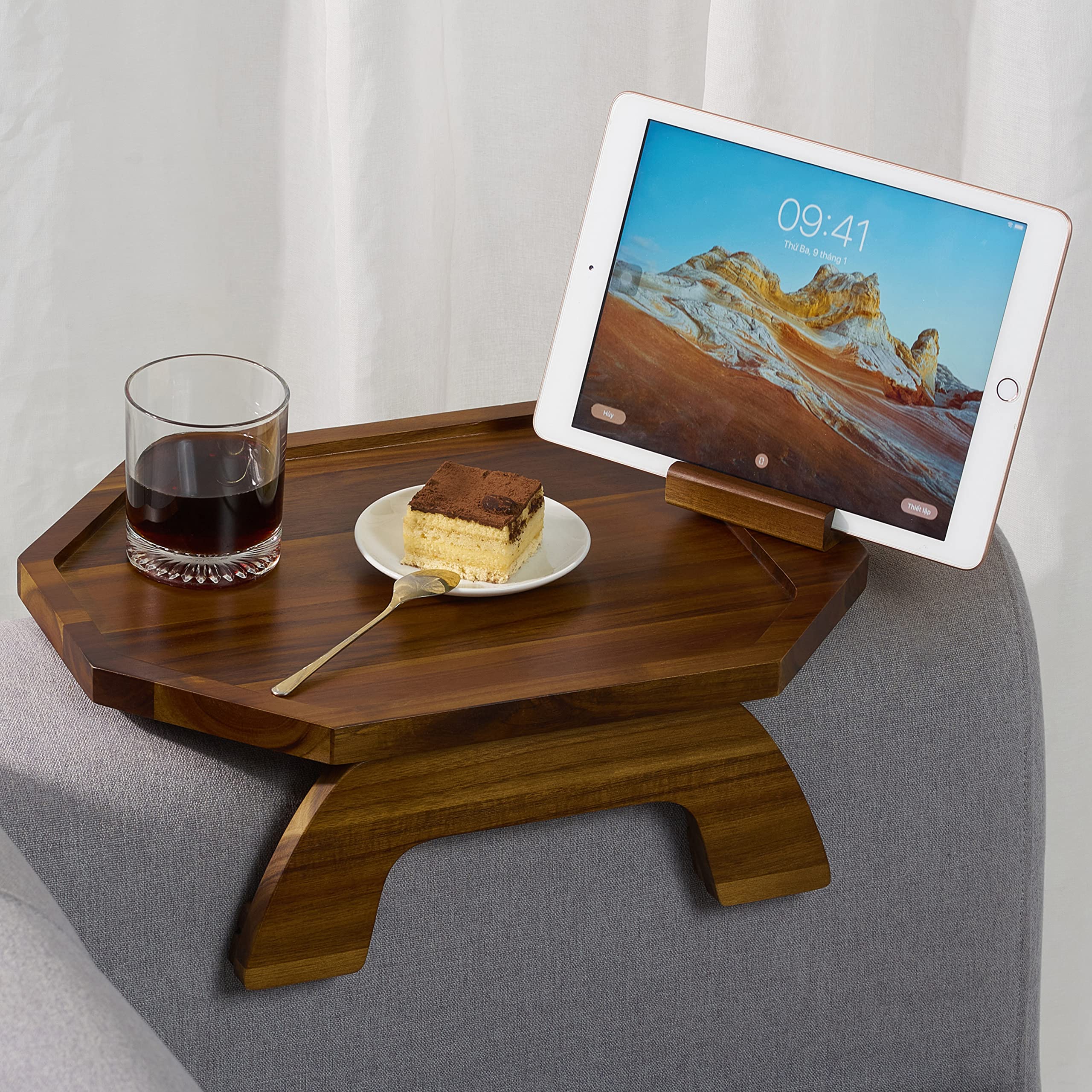 BLUEWEST sofa armrest tray in acacia wood offers a durable dining surface.