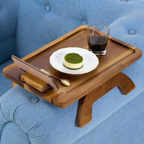 BLUEWEST sofa armrest tray with acacia wood surface for drinks and remotes
