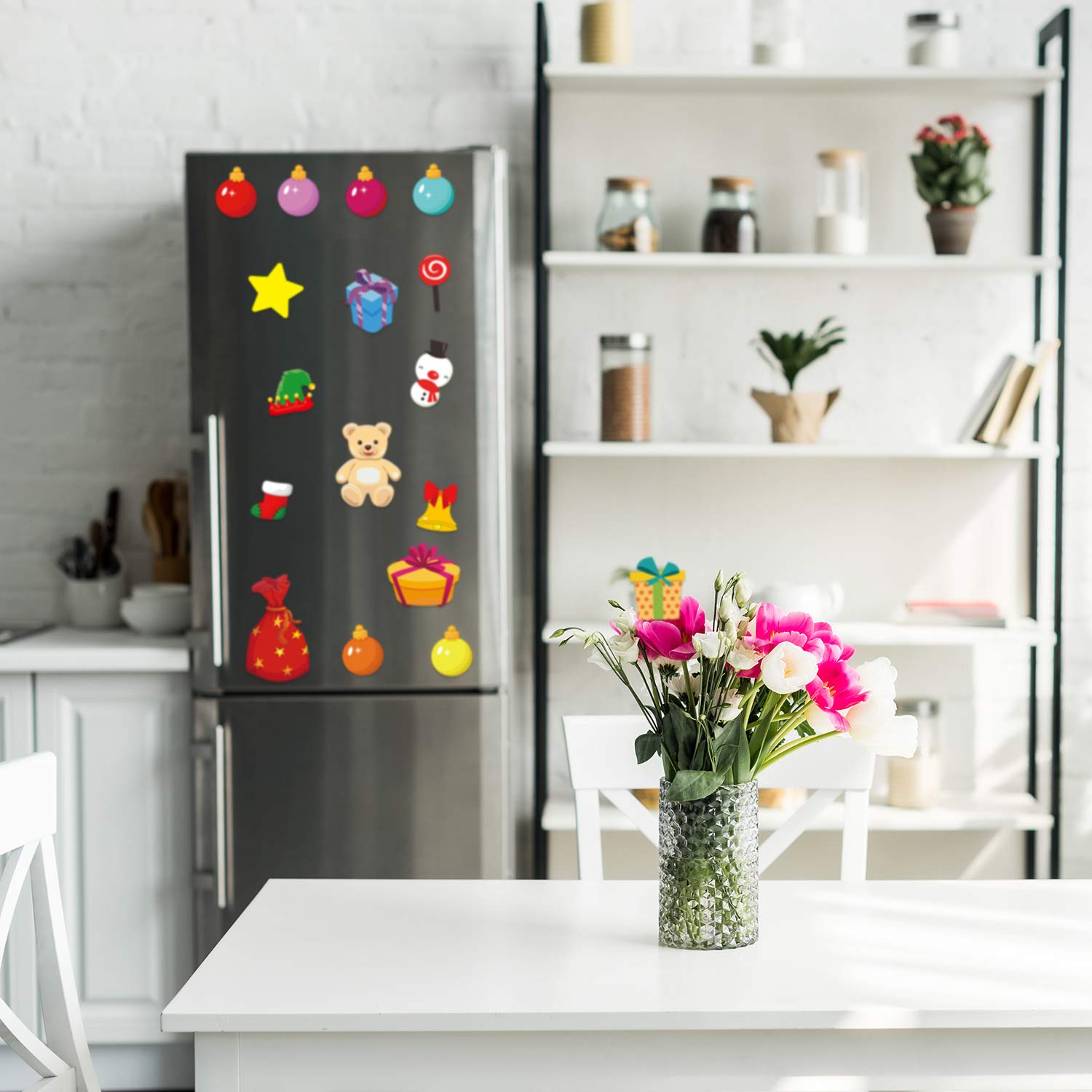 Blulu Christmas magnets holding receipts and artwork on fridge