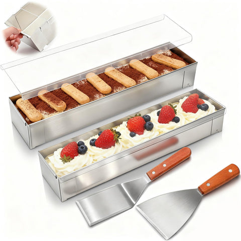 Blushtier tiramisu pan double set with removable sides enables flexible cake sizing.