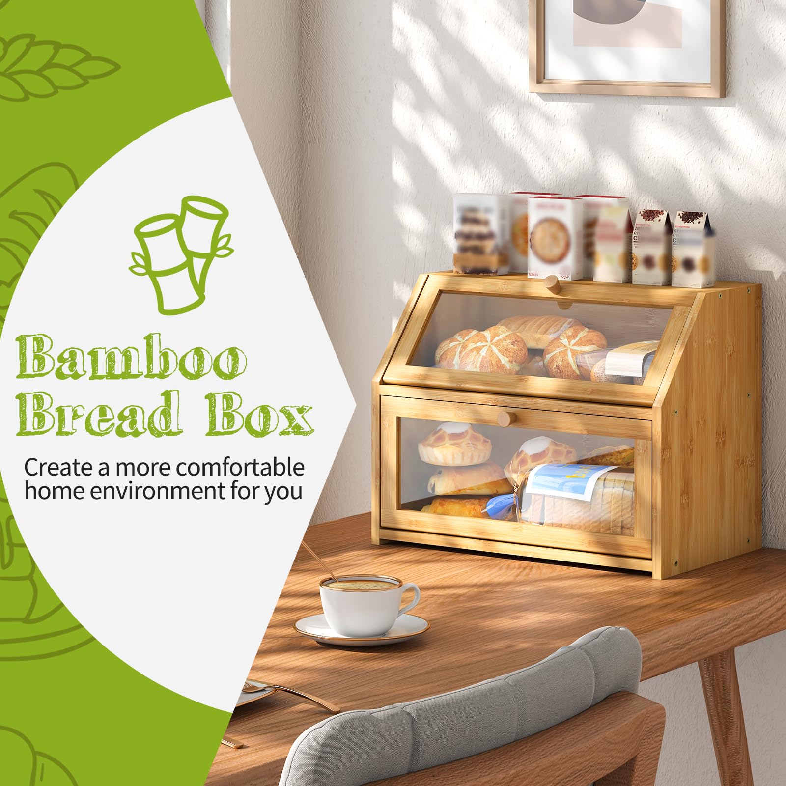 BMOSU bamboo bread storage on countertop showcases two loaves easily.