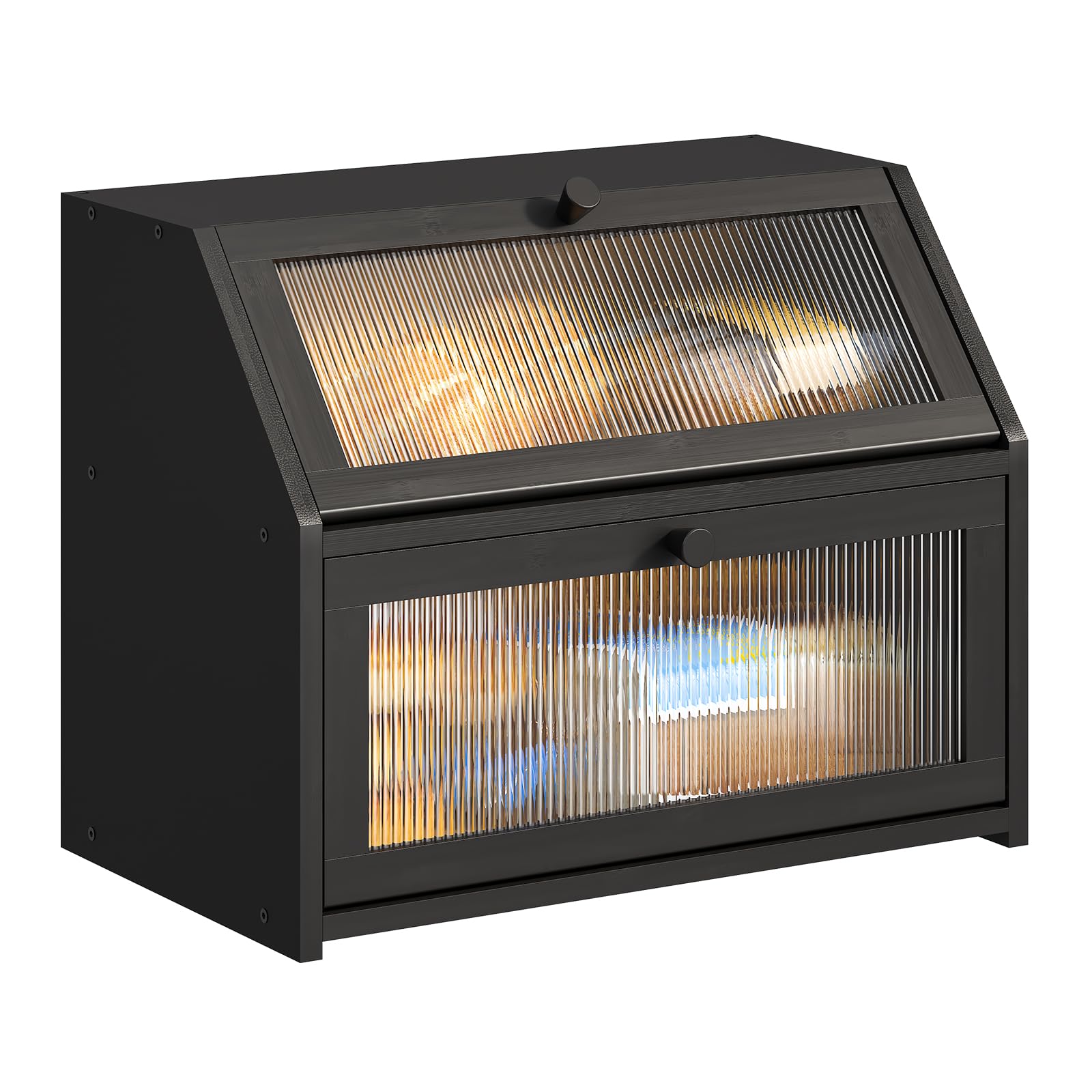 BMOSU large double layer bread box front view with two loaves on the counter
