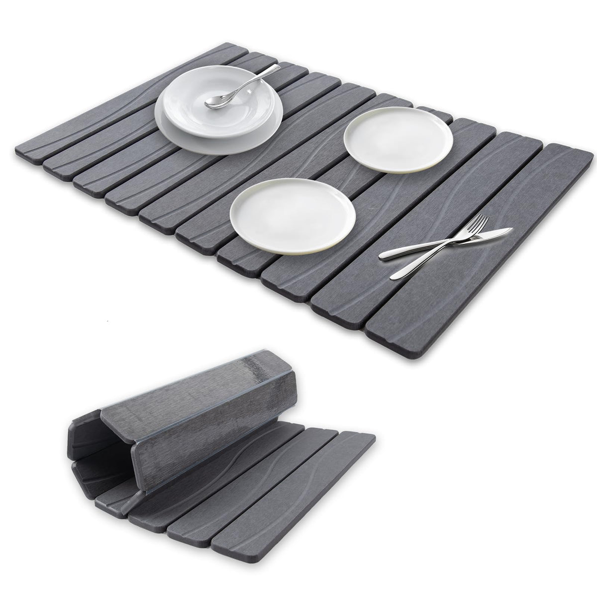 Bmrewax stone drying mat 24x16 gray shown flat for dishes.
