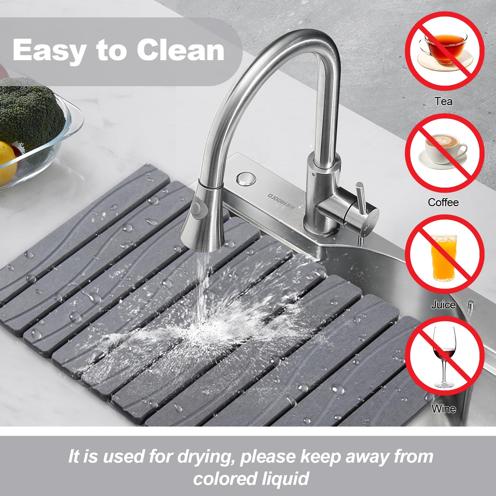 Bmrewax stone drying mat drying cups and utensils on counter.