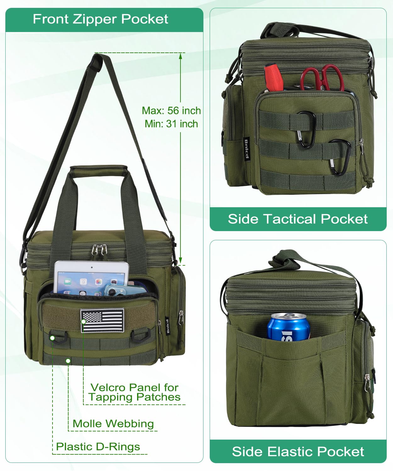 Bnlcd green lunch bag with American flag design for style.