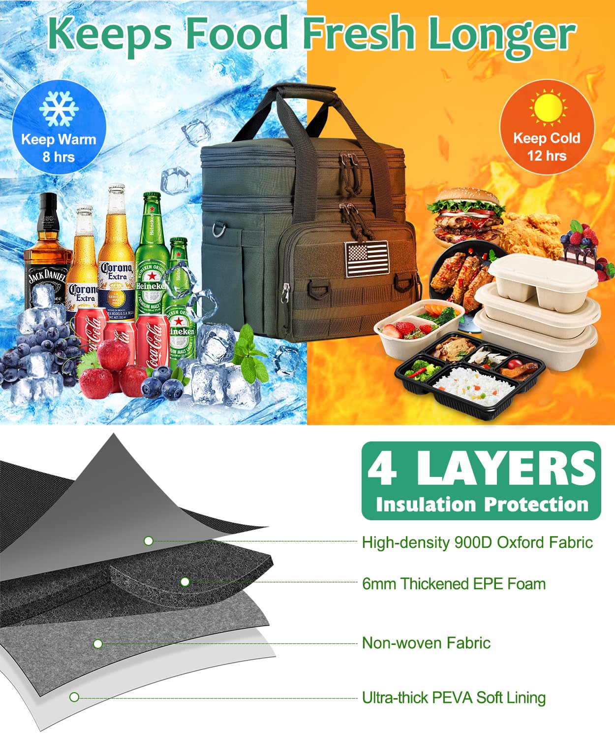 Bnlcd insulated interior keeps meals fresh with PEVA and foam.