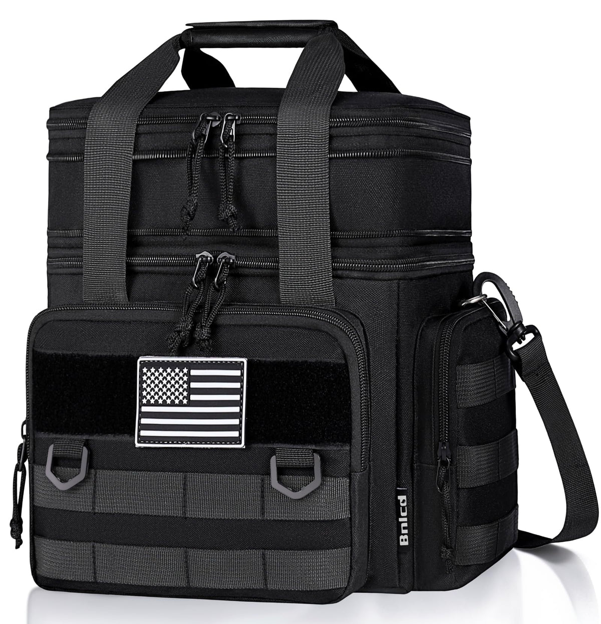 BNLCD tactical lunch box front view with rugged exterior and flag-ready Velcro panel.