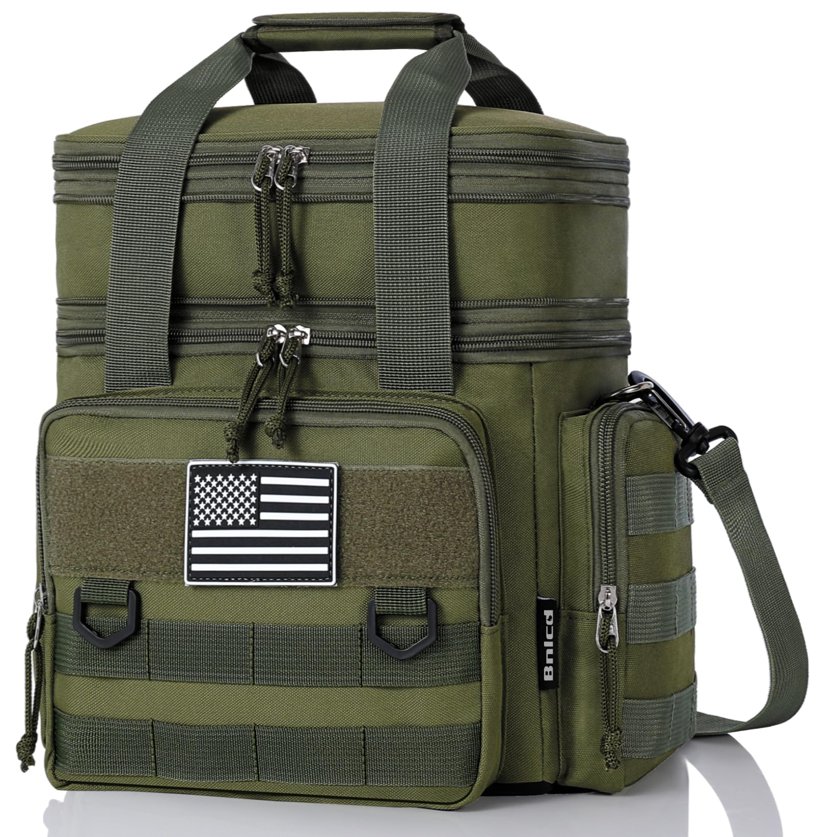 Bnlcd tactical lunch box front view shows rugged green exterior with sturdy carry strap for daily carry.