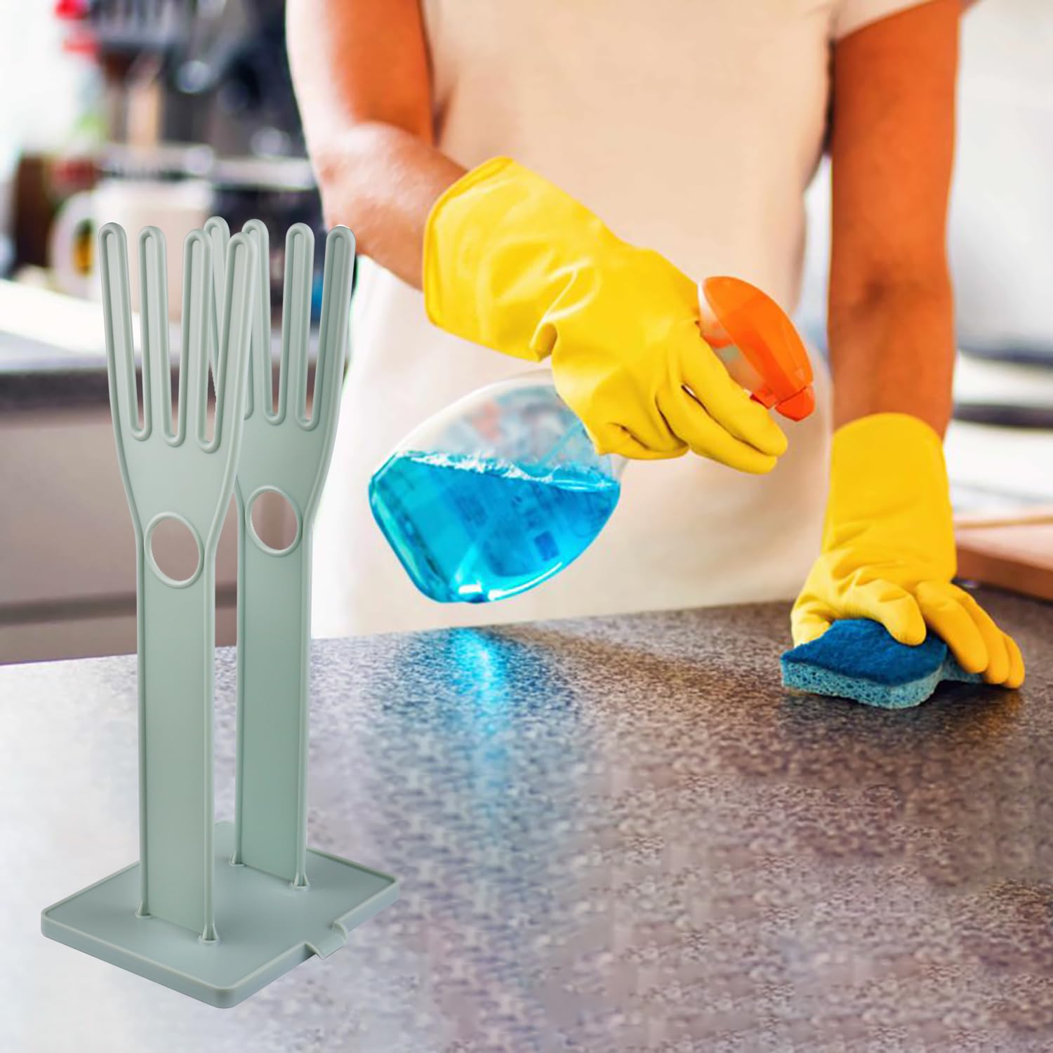 Bntyok glove holder in-use demonstrates glove drying near sink area