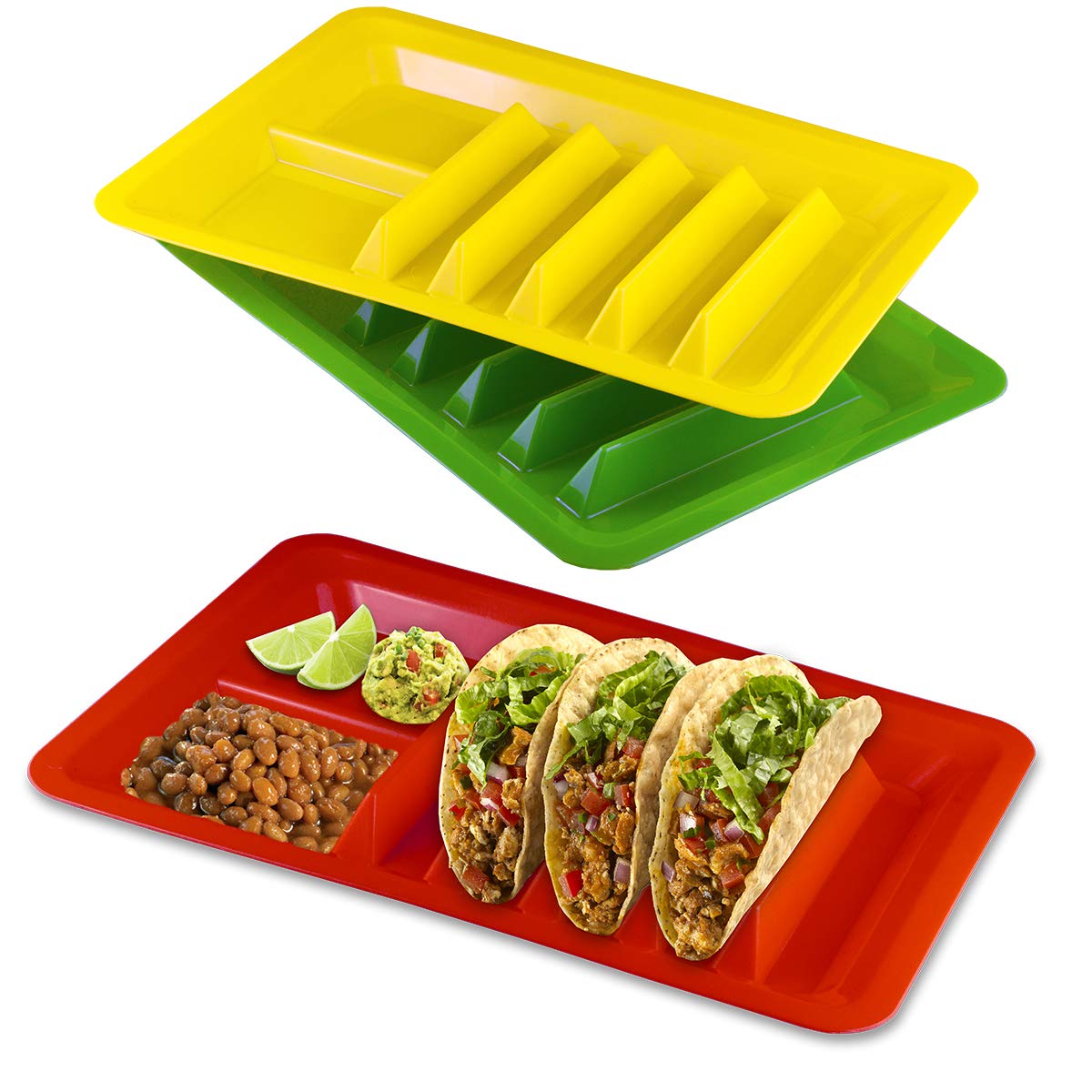 BNYD taco holder stand with colorful plates for lively taco nights and tidy serving