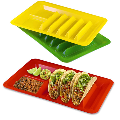 BNYD taco holder stand with colorful plates for lively taco nights and tidy serving