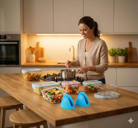 Bo-Toys stackable glass containers save space in the fridge and pantry