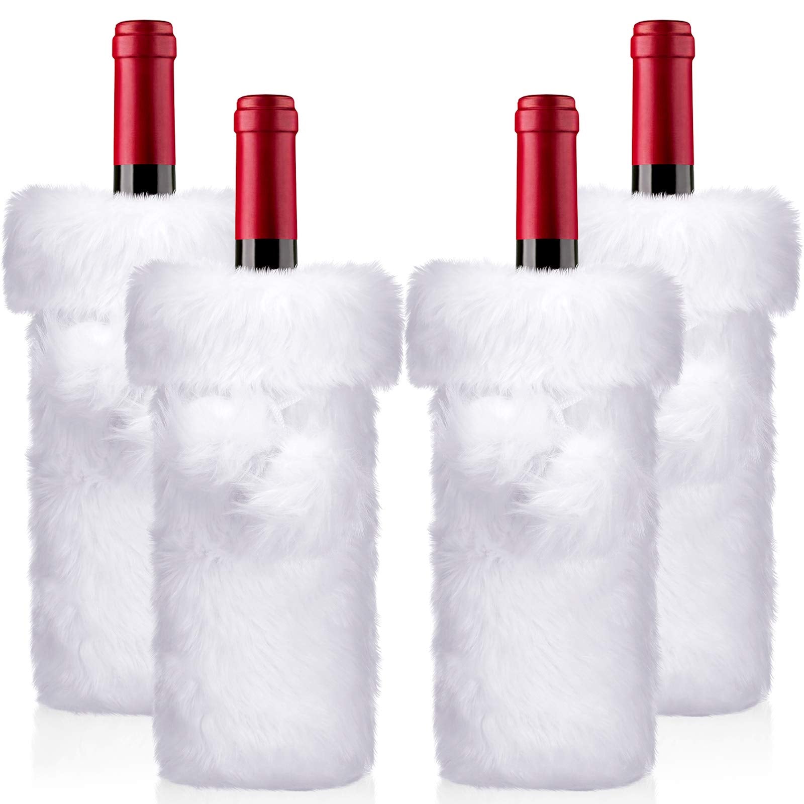 Boao white faux fur wine bottle cover with 3D pom-poms for festive table décor.