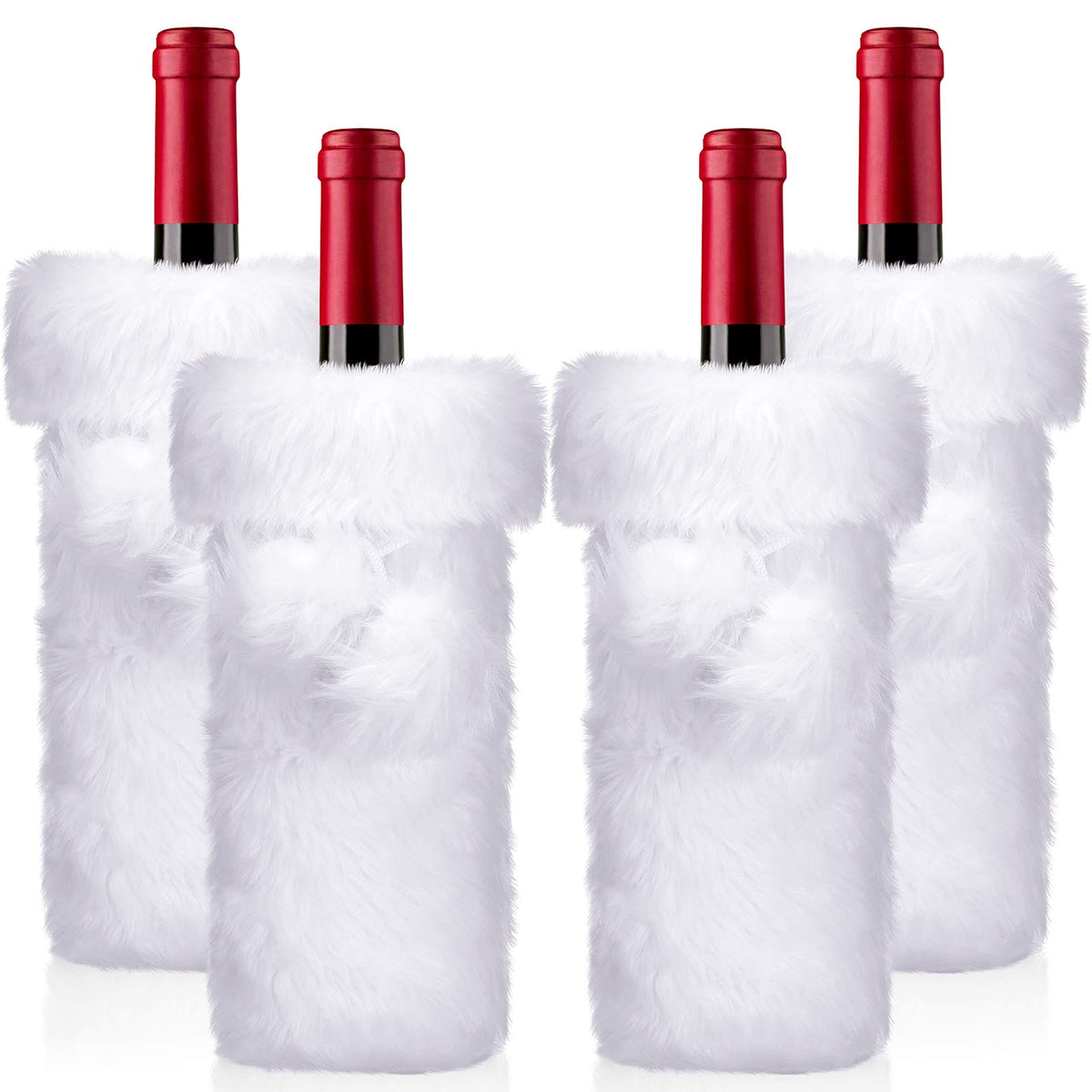 Boao white faux fur wine bottle cover with 3D pom-poms for festive table décor.