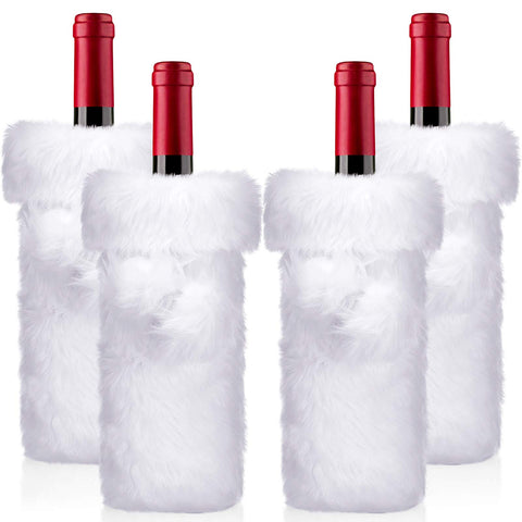 Boao white faux fur wine bottle cover with 3D pom-poms for festive table décor.