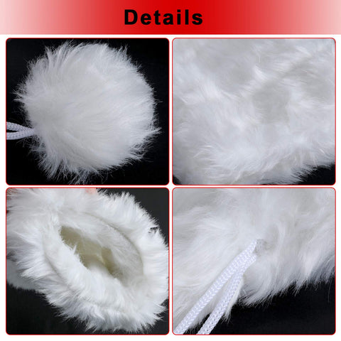 Boao white faux fur wine bottle cover on a bottle for elegant holiday presentation.