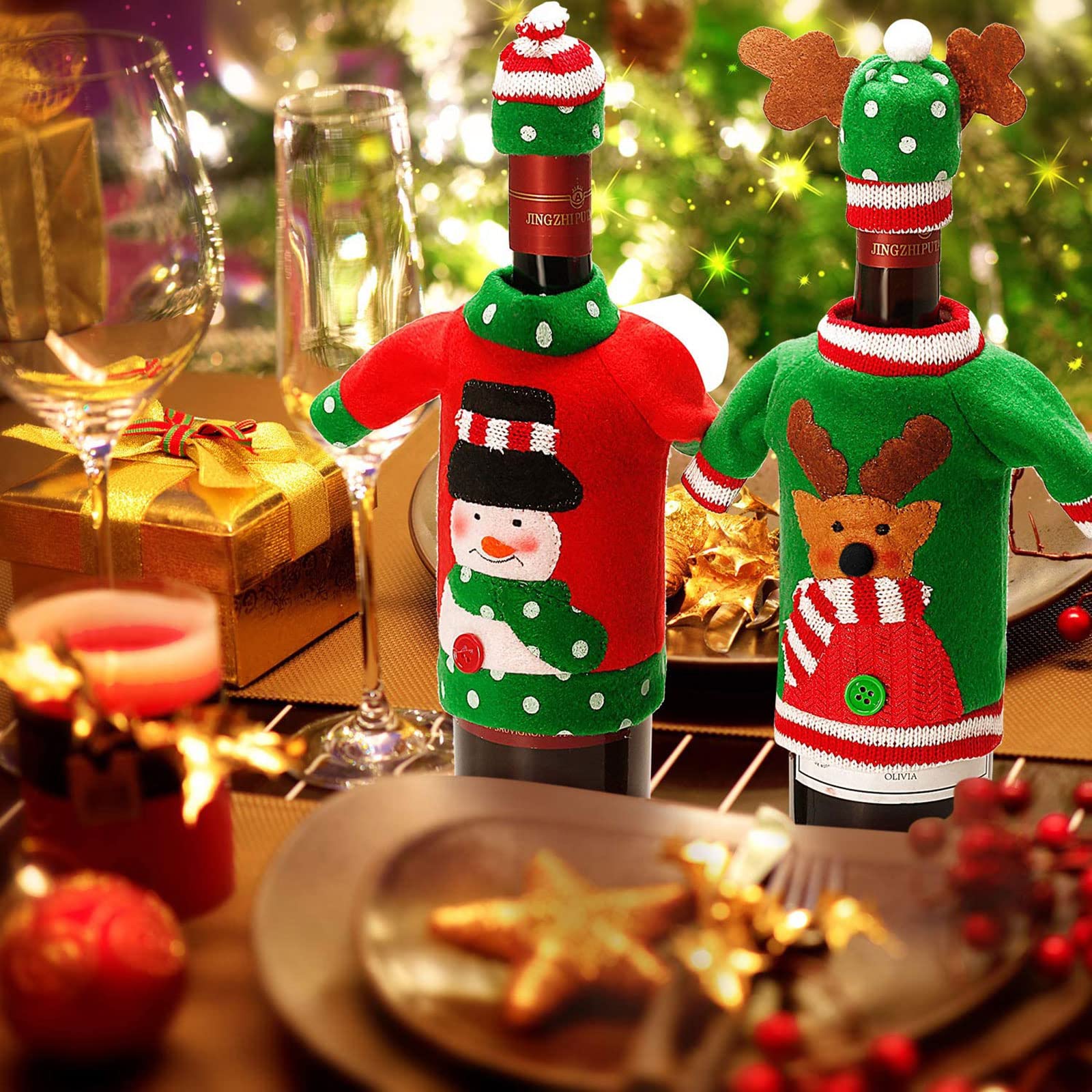 Boao wine bottle cover reindeer wearing knitted sweater for table charm.
