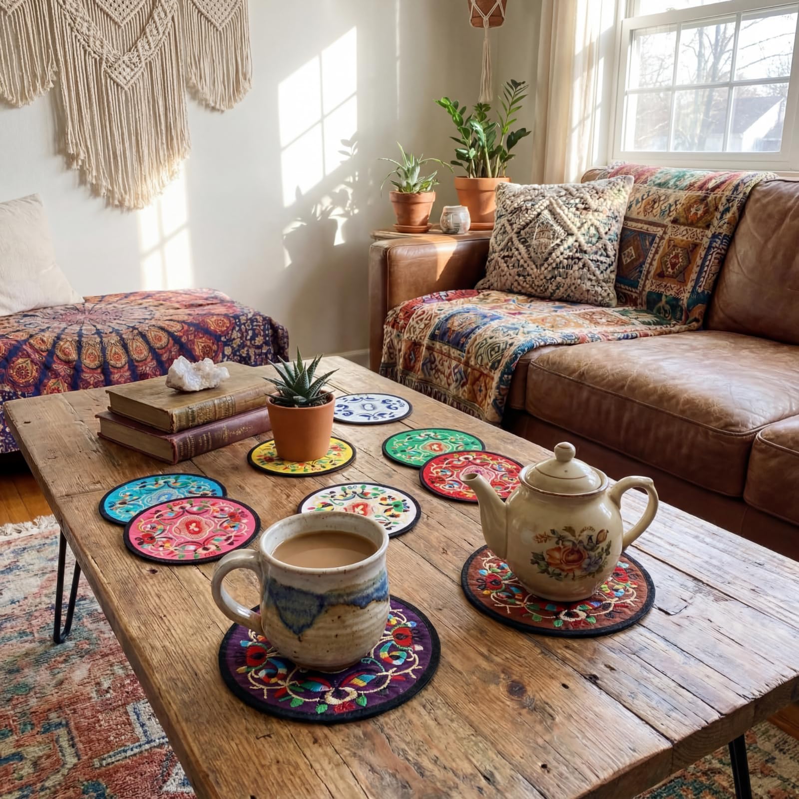 Boao embroidered coaster detail showcasing rich embroidery on fabric.