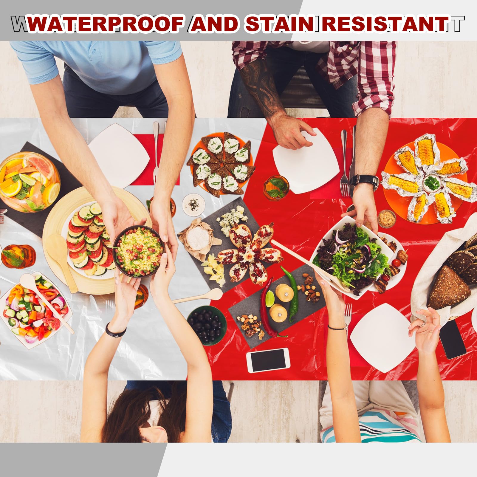 Boao red rectangle table cover brightens indoor dinners and gatherings.
