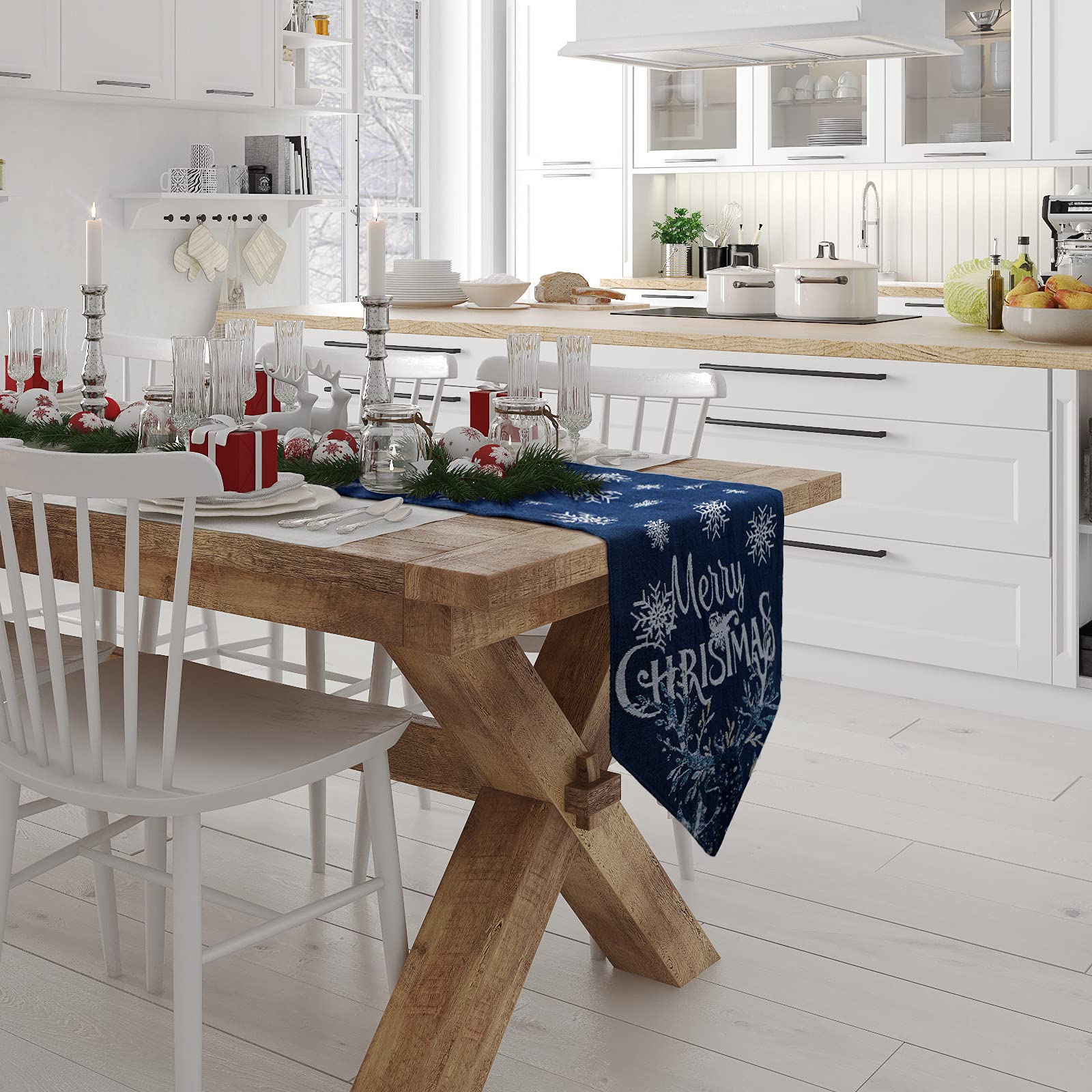 Boao navy blue runner on a dining table creates warm holiday ambience