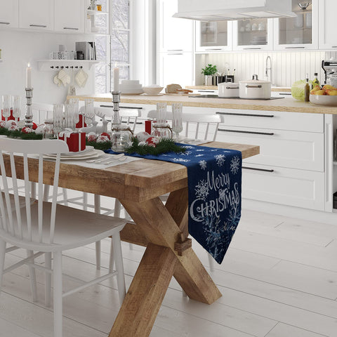 Boao navy blue runner on a dining table creates warm holiday ambience