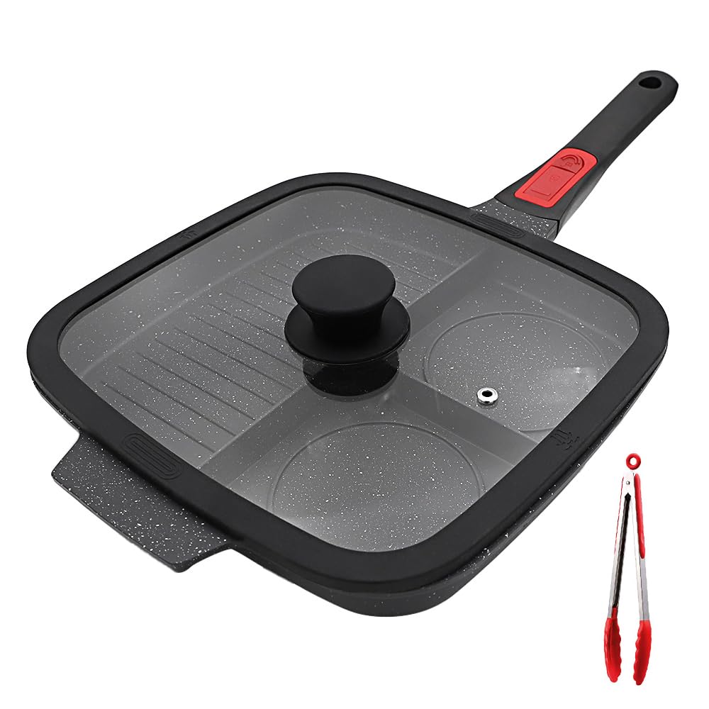 Bobikuke 3-section grill pan top view demonstrates multitask cooking versatility for weeknight meals