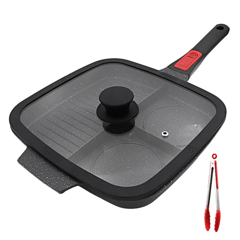 Bobikuke 3-section grill pan top view demonstrates multitask cooking versatility for weeknight meals