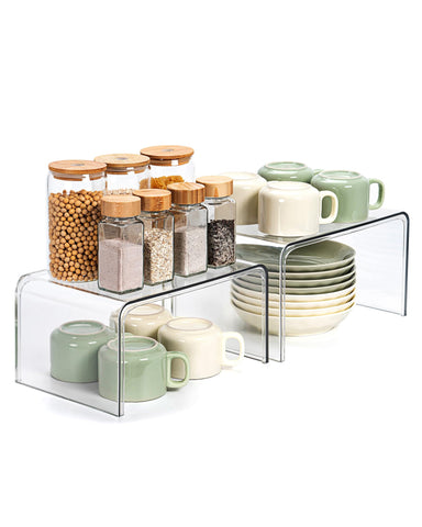 Bobomoment clear shelf organizer on a shelf maximizes cabinet space.