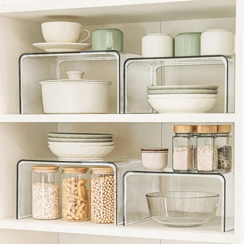 Bobomoment four-piece pantry organizer set saves cabinet space with vertical stacking.
