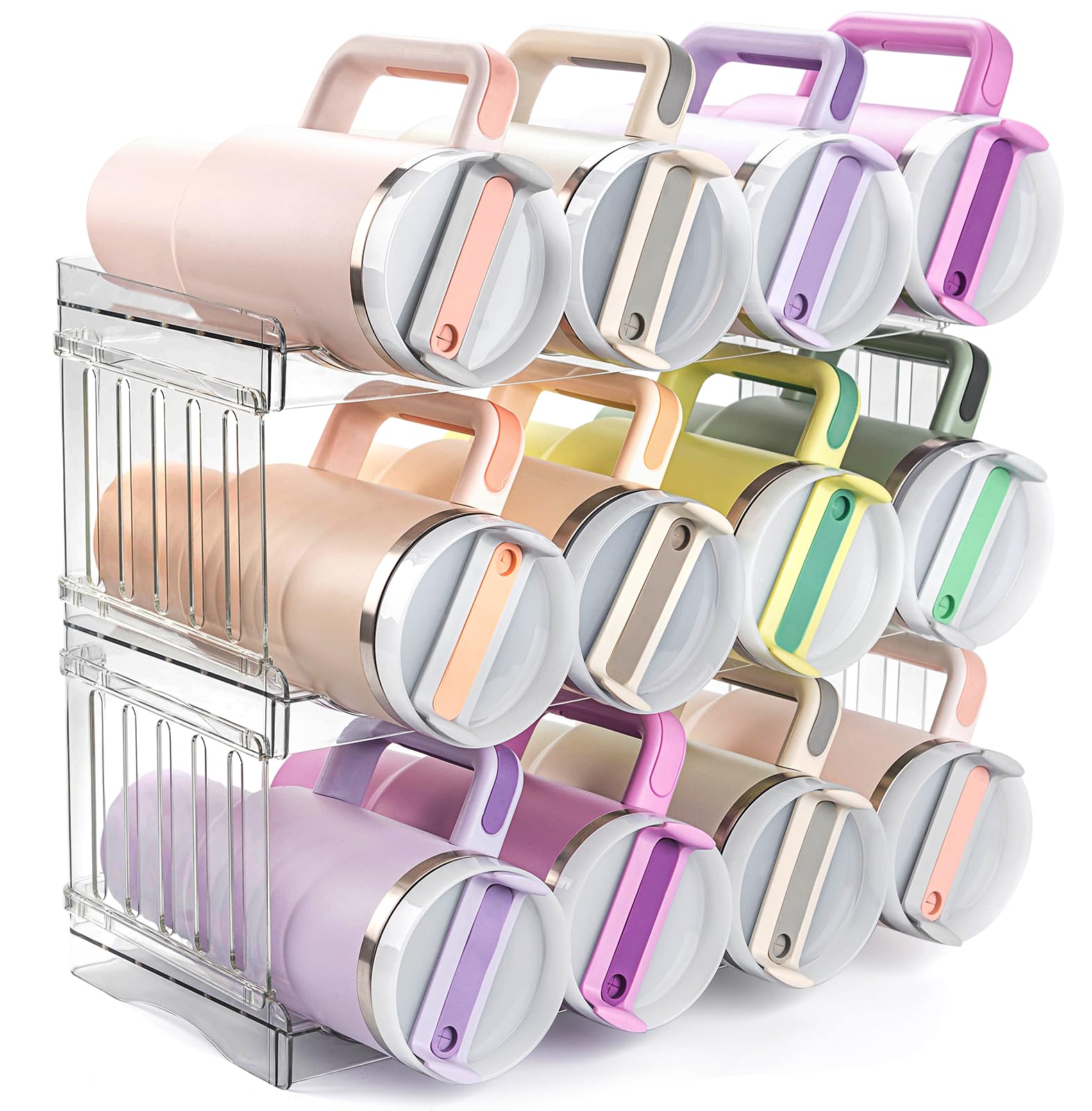 Bobomoment water bottle organizer with 12 compartments for Stanley cups, keeping kitchen tidy.